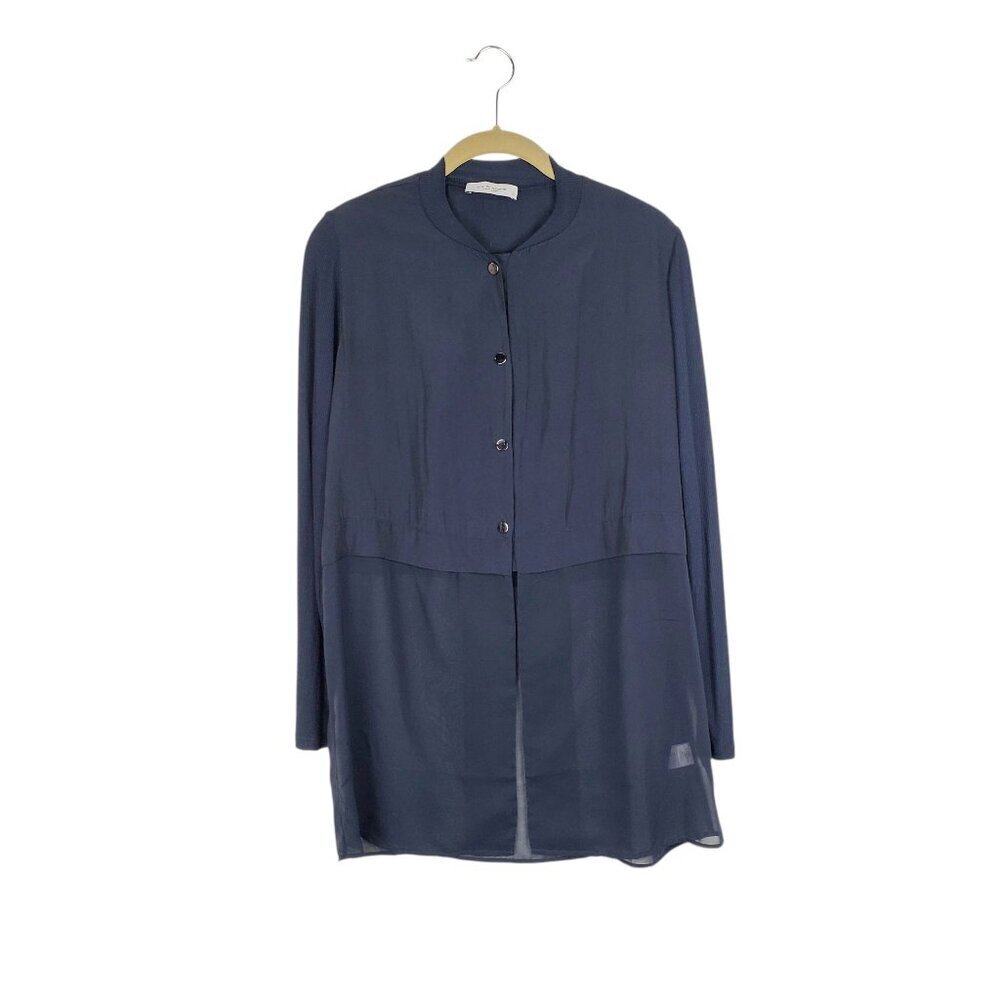 Lola & Sophie Hybrid Top S Navy Ribbed Snap Front Modern Blouse Sheer Hem